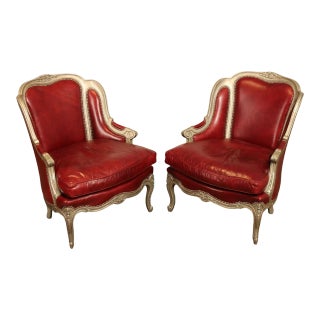 Early 21st Century Old Hickory Tannery French Louis XV Style Leather Bergere Chairs - A Pair For Sale