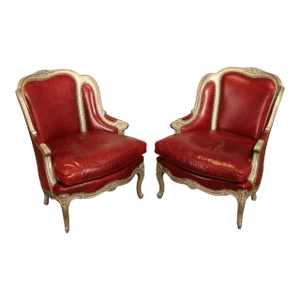 Early 21st Century Old Hickory Tannery French Louis XV Style Leather Bergere Chairs - A Pair