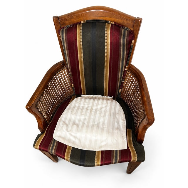 Brown Vintage French Provincial Cane and Striped Upholstered Armchairs — Pair For Sale - Image 8 of 11