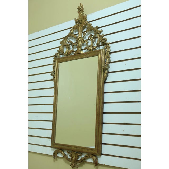 Approx: 50 Years Old High Quality Construction Gold Finish w. Red Rub Italian Design Ornate Carved Frame w. Floral Top...