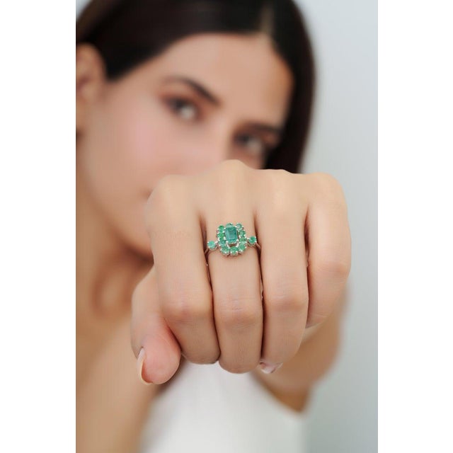 Vintage Style Emerald and Diamond Cluster Ring in Silver, Size 8.5 For Sale - Image 6 of 14