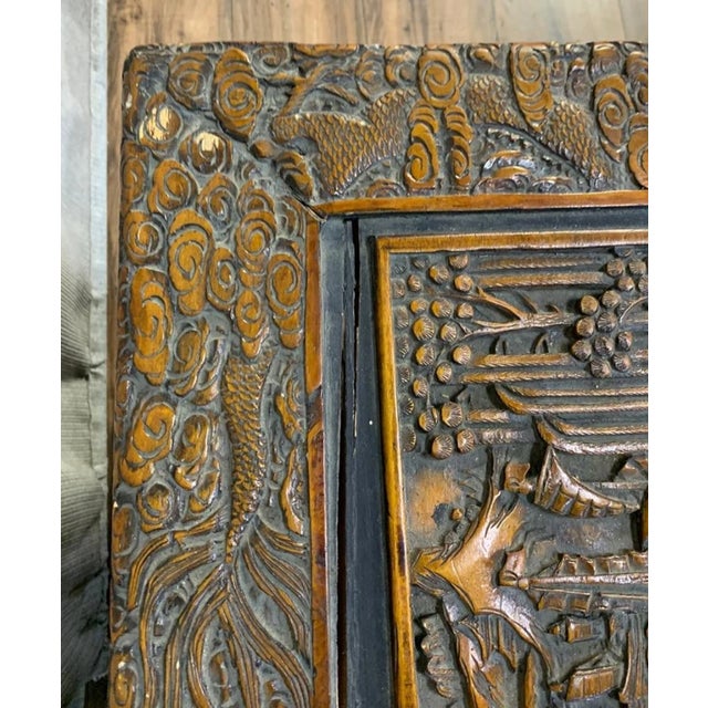 Brown Vintage Chinese Camphor Chest Trunk or Coffee Table Hand Carved W Boats Ships For Sale - Image 8 of 9