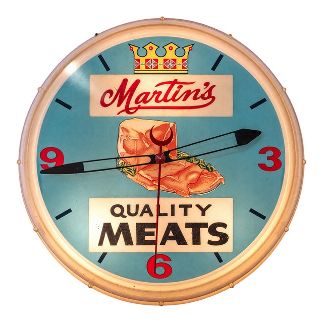 Vintage Martin's Quality Meats Lighted Advertising Clock For Sale