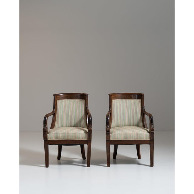 Pair of 19th Century French Chestnut Brown Empire Upholstered Armchairs For Sale - Image 10 of 15