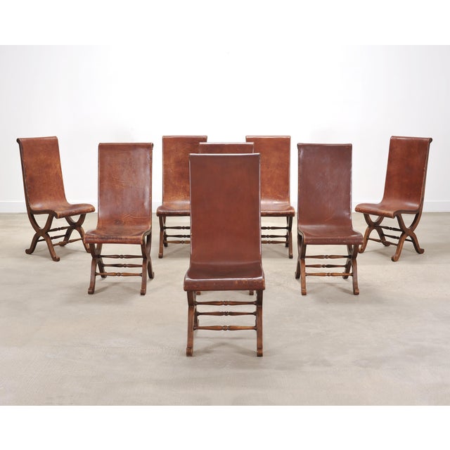 French Provincial Set of Eight French Provincial Leather Oak Curule Dining Chairs For Sale - Image 3 of 18