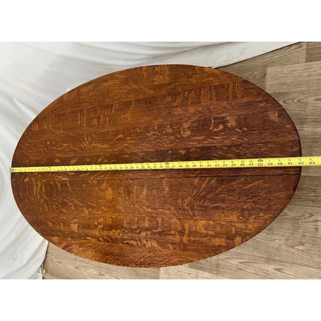 Antique Oval Coffee Table Tiger Oak Center Drawer Shelf Columns Empire Style For Sale - Image 10 of 11