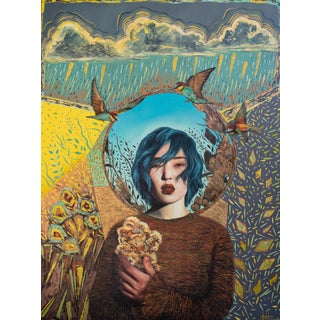 Eye of the Storm by Andrada Trapnell | Mixed media on board Portrait of a girl with blue hair holding flowers. For Sale