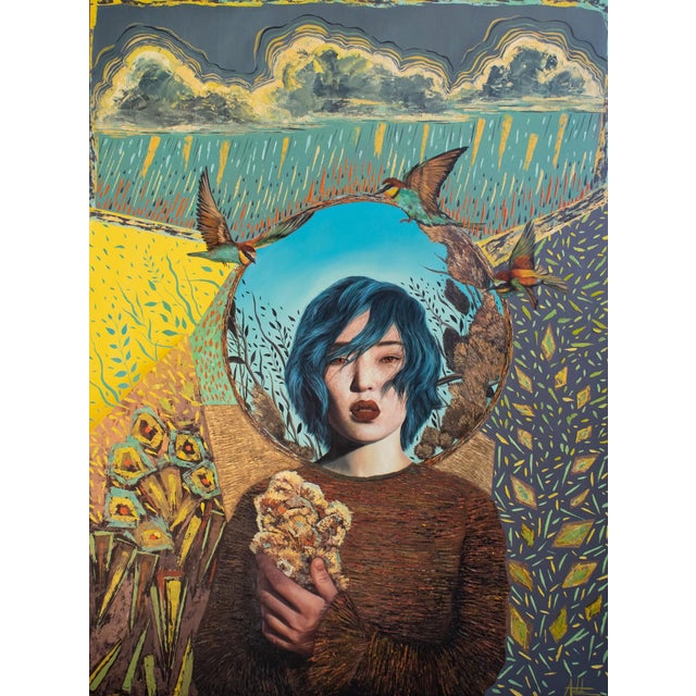 Eye of the Storm by Andrada Trapnell | Mixed media on board Portrait of a girl with blue hair holding flowers. For Sale