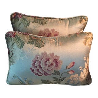 Late 20th Century French Silk Lampas Rectangular Pillows or Cushions With Chinese Peonies on a Celadon Ground- a Pair For Sale