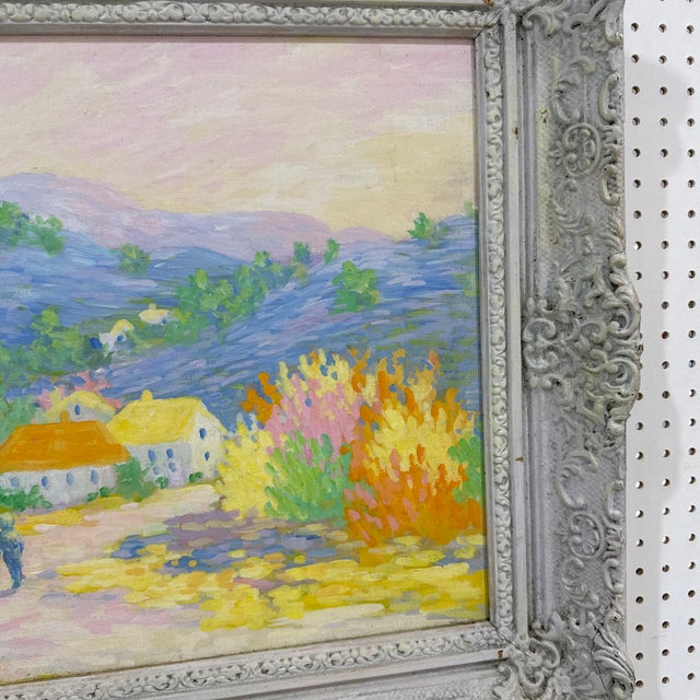 Vintage French Pastel Landscape Painting – Colorful Countryside Village – Ornate Frame For Sale - Image 9 of 11