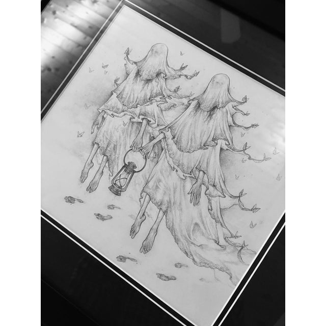 Surrealism Wandering Ghost Sisters by Timothy Von Rueden | Graphite on Mixed Media Paper Two ghostly figures holding a lantern. For Sale - Image 3 of 3