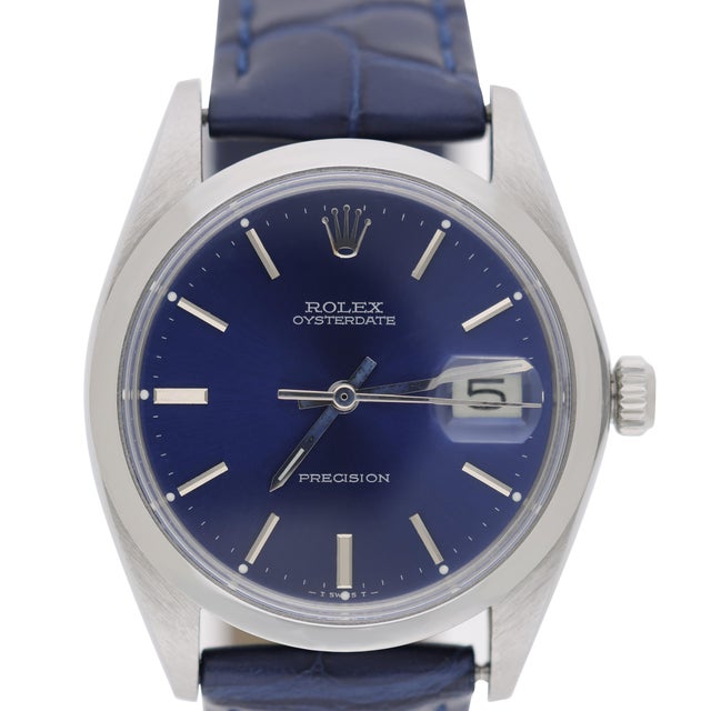 Blue 1960s Rolex 6694 Oysterdate Precision Blue Sunburst Dial 34mm Watch For Sale - Image 8 of 8