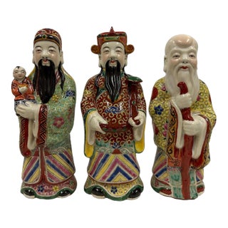Early 20th Century Chinese Fu Lu Shou Feng Shui Trio Gods Figurines With Marks For Sale