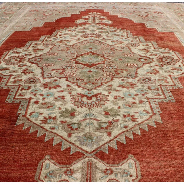 Mid 20th Century Turkish Oushak Rug in Orange Red, Light Green, Warm Taupe and Cream Colors For Sale - Image 4 of 10
