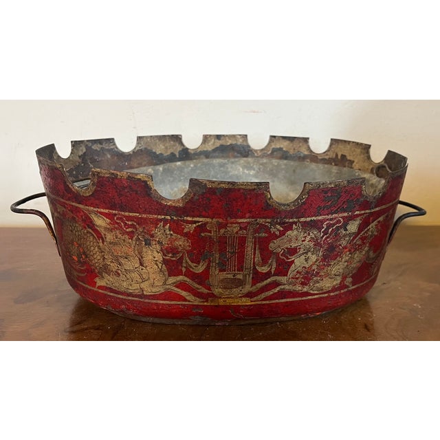 Metal Antique 19th Century French Empire Tole Monteiths or Cachepot Jardinieres With Neoclassical Winged Horses or Pegasus & Lyres Circa 1820 - A Pair For Sale - Image 7 of 14