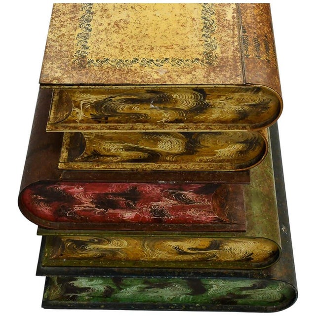 Yellow Vintage Italian Tole Stacked Books End Table With Hand-Painted Faux Book Design - Metal For Sale - Image 8 of 9