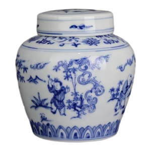 Early 20th Century Chinese Ceramic Tea Jar China Blue and White Porcelain Chenghua Tian Marked Jar Hand Painted Children Playing Pattern