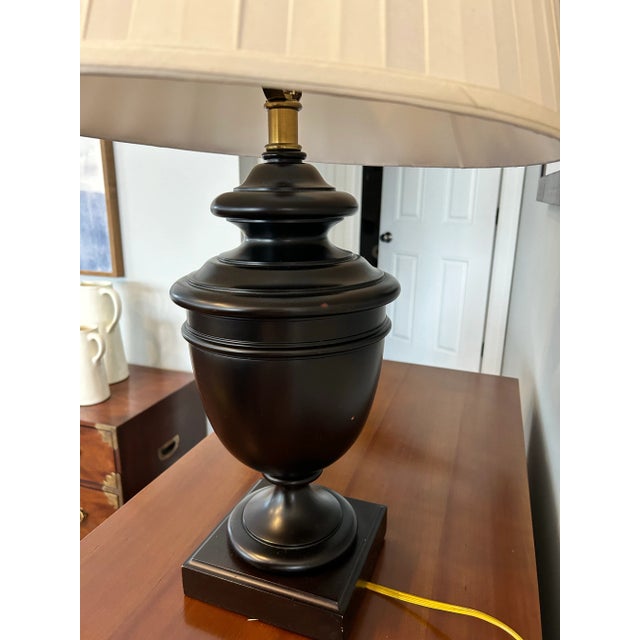 Brown Late 20th Century Sculptural Solid Wood Pedestal Table Lamp With Pleated Silk Shade For Sale - Image 8 of 12