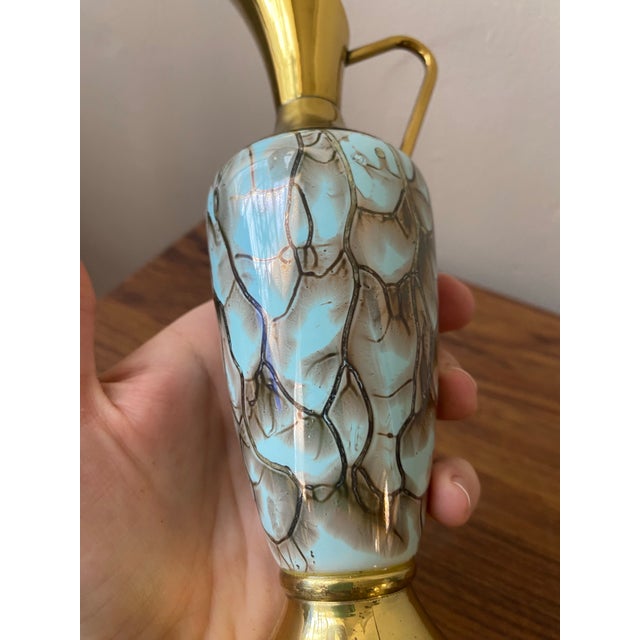 Vintage Mid-Century Modern Brass Pitcher/Vase Green Enamel For Sale In Baltimore - Image 6 of 8