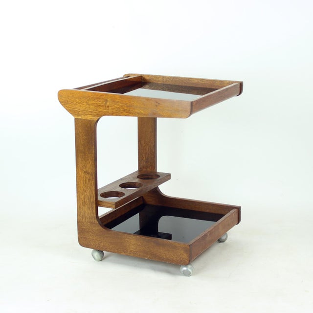Mid-Century Modern Wooden Bar Cart with Black Opaline Glass Tops, 1960s For Sale - Image 10 of 10
