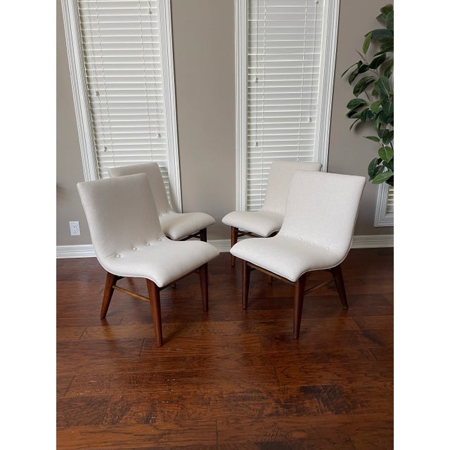Conant Ball Set of Four Vintage 1950s Walnut and Linen Dining Chairs After Conant Ball For Sale - Image 4 of 12