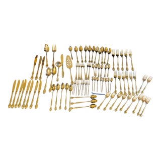 Late 20th Century Mid Century Modern Curated Gold-Tone Flatware Service - Featuring Gense Nobel & Mixed Ornate Patterns - 86-Piece For Sale