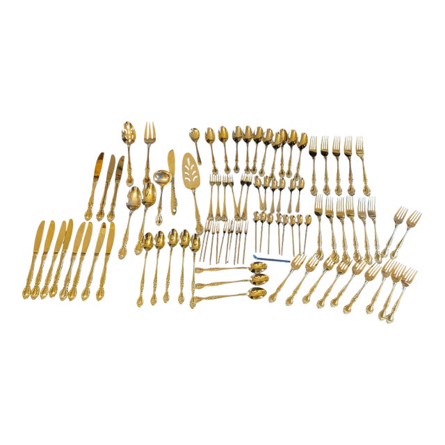 Late 20th Century Mid Century Modern Curated Gold-Tone Flatware Service - Featuring Gense Nobel & Mixed Ornate Patterns - 86-Piece For Sale