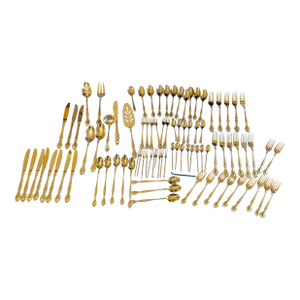 Late 20th Century Mid Century Modern Curated Gold-Tone Flatware Service - Featuring Gense Nobel & Mixed Ornate Patterns - 86-Piece