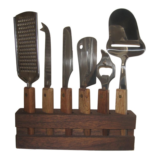 Mid Century 6 Piece Cheese Set With Stand For Sale