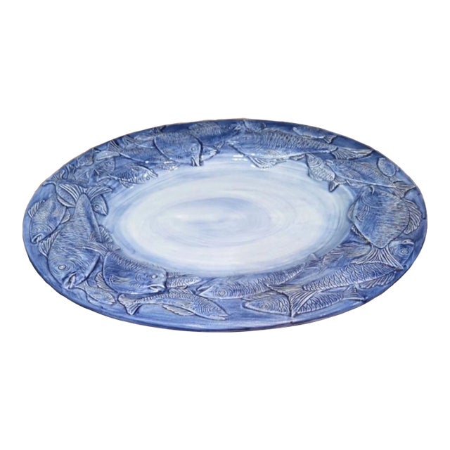 Vintage Italian Azure Blue Fish Oval Majolica Platter Party Platter For Sale