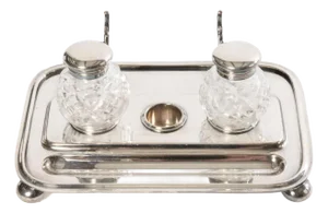 Early 20th Century Silver Plated Double Ink Well-Walker and Hall Sheffield England - 3 Piece Set