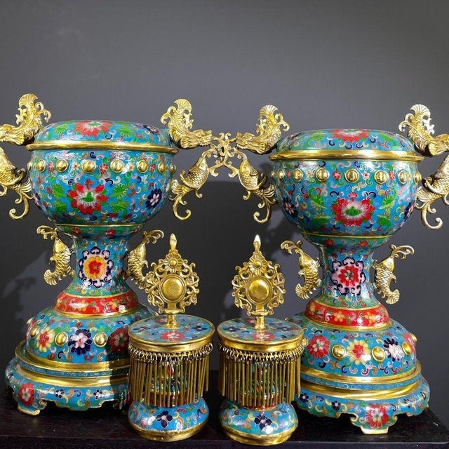 Traditional Late 20th Century Pair of Gilt Bronze Cloisonné Enamel Palace Lantern Incense Burners For Sale - Image 3 of 10