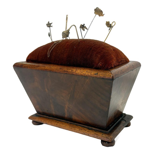 19th Century Antique Rosewood Sewing Box With Velvet Top and Assorted Pins For Sale
