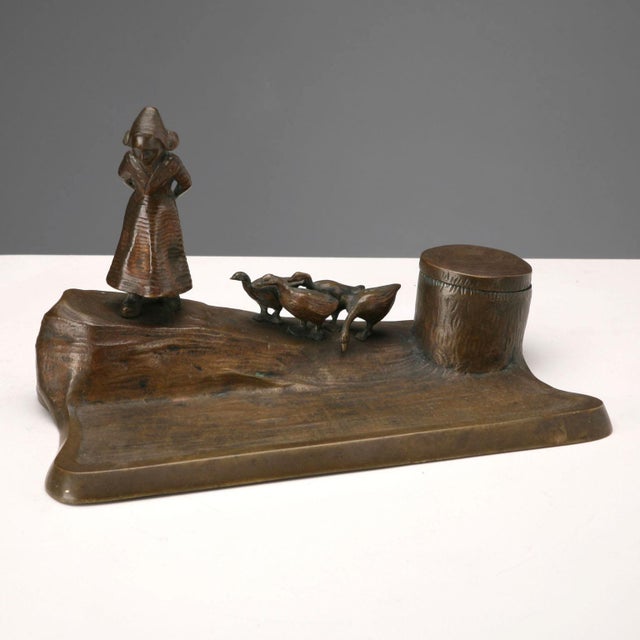Metal Bronze Inkwell with a Sculpture of a Young Dutch Girl For Sale - Image 7 of 7