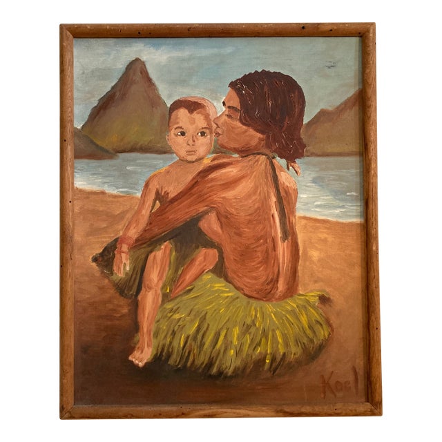 1950s Mid Century Framed Figural Expressionist Oil Painting of Polynesian Mother and Child For Sale