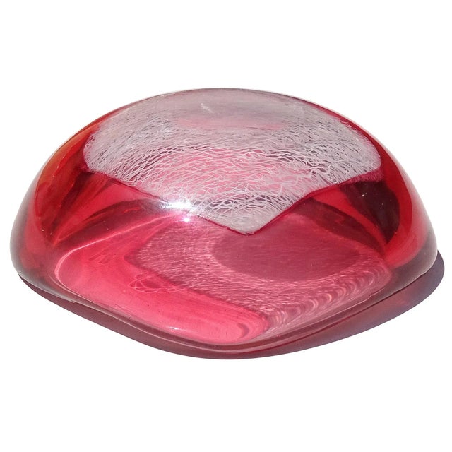 Vntage Murano Seguso 1952 Pink Incalmo Rim White Merletto Ribbons Italian Art Glass Decorative Bowl For Sale In Orlando - Image 6 of 6