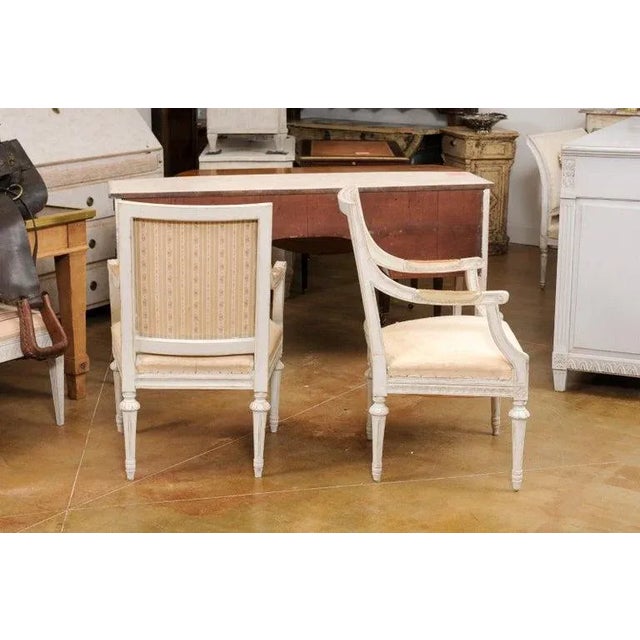 Wood 1900s Swedish Gustavian Style Painted Wood Armchairs with Carved Aprons - A Pair For Sale - Image 7 of 11