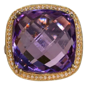 The 46th Avenue: Cushion Checkerboard Amethyst and Diamond Halo Ring in Yellow Gold