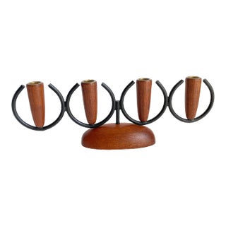 Mid Century Danish Modern 1960s Candelabra Candle Stick Holder Luthje Teak & Black Metal For Sale