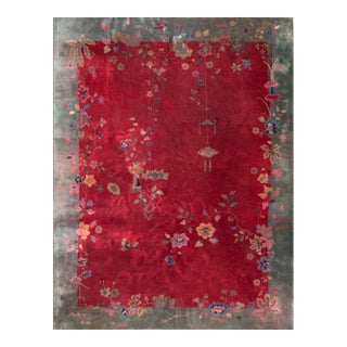 1920s Red Scarlet Foliate Antique Chinese Art Deco Carpet 9'2" X 12'8" Knotted Wool Rug For Sale