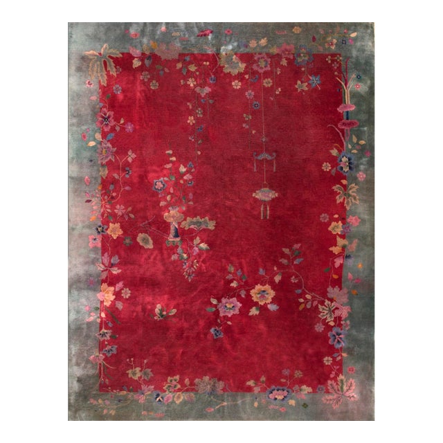 1920s Red Scarlet Foliate Antique Chinese Art Deco Carpet 9'2" X 12'8" Knotted Wool Rug For Sale