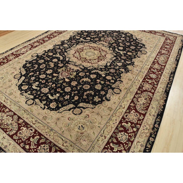 Farmhouse Tabriz Rug 10’2” X 14′ Black Wool/Silk Traditional Hand-Knotted Carpet For Sale - Image 3 of 15