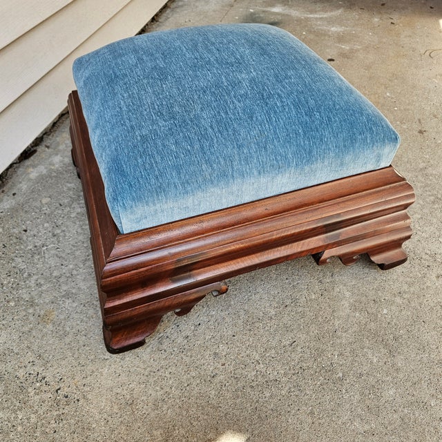 Mid 19th Century Flame Mahogany Empire Footstool Coastal Blue Velvet For Sale - Image 10 of 10
