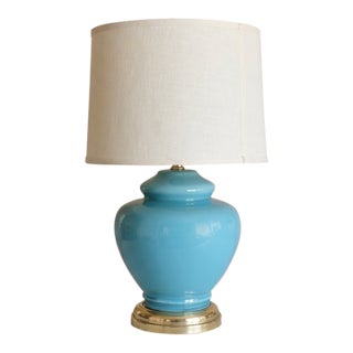 Mid-Century Modern Robin's Egg Blue Cased Glass Ginger Jar Table Lamp For Sale