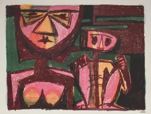 Jerry Opper Modernist Figurative Lithograph in Pink and Red, Circa 1950s