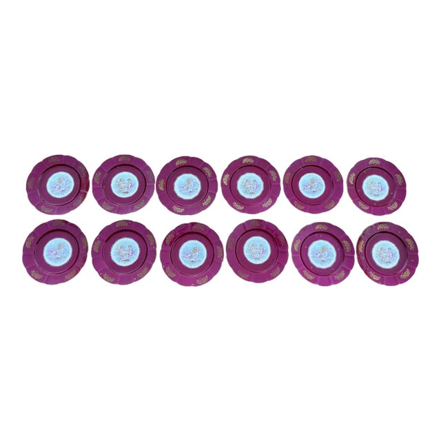 Vintage Set of 12 French Hand Painted Cherubs Gold Gilt Red Porcelain Dinner Plates For Sale