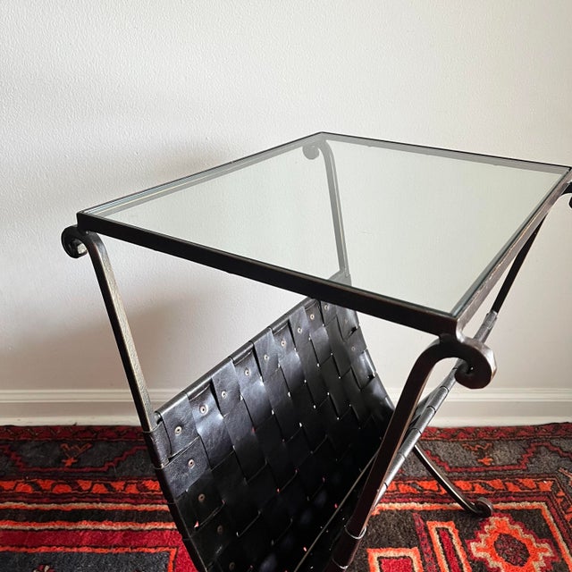 1980s Side Table /Magazine Rack Woven Faux Leather Glass Top For Sale - Image 9 of 9