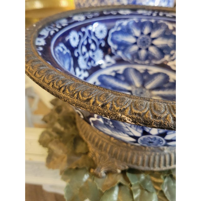 Chinoiserie Vintage Bombay Company Large Porcelain Chinoiserie Blue White Brass Rim Decorative Bowl For Sale - Image 3 of 7