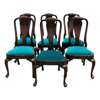 Vintage Queen Anne Dining Chairs - Emerald Velvet - Set of 6 For Sale