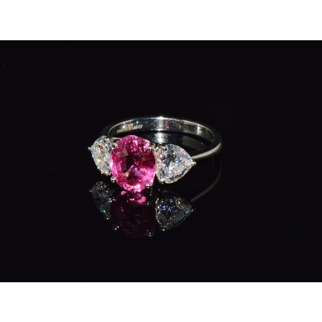 Metal Late 20th Century Gia 4.47Cts No-Heat Mozambique Ruby & D Vvs2 Heart Diamond Platinum Three Stone Ring, Size 6 For Sale - Image 7 of 18